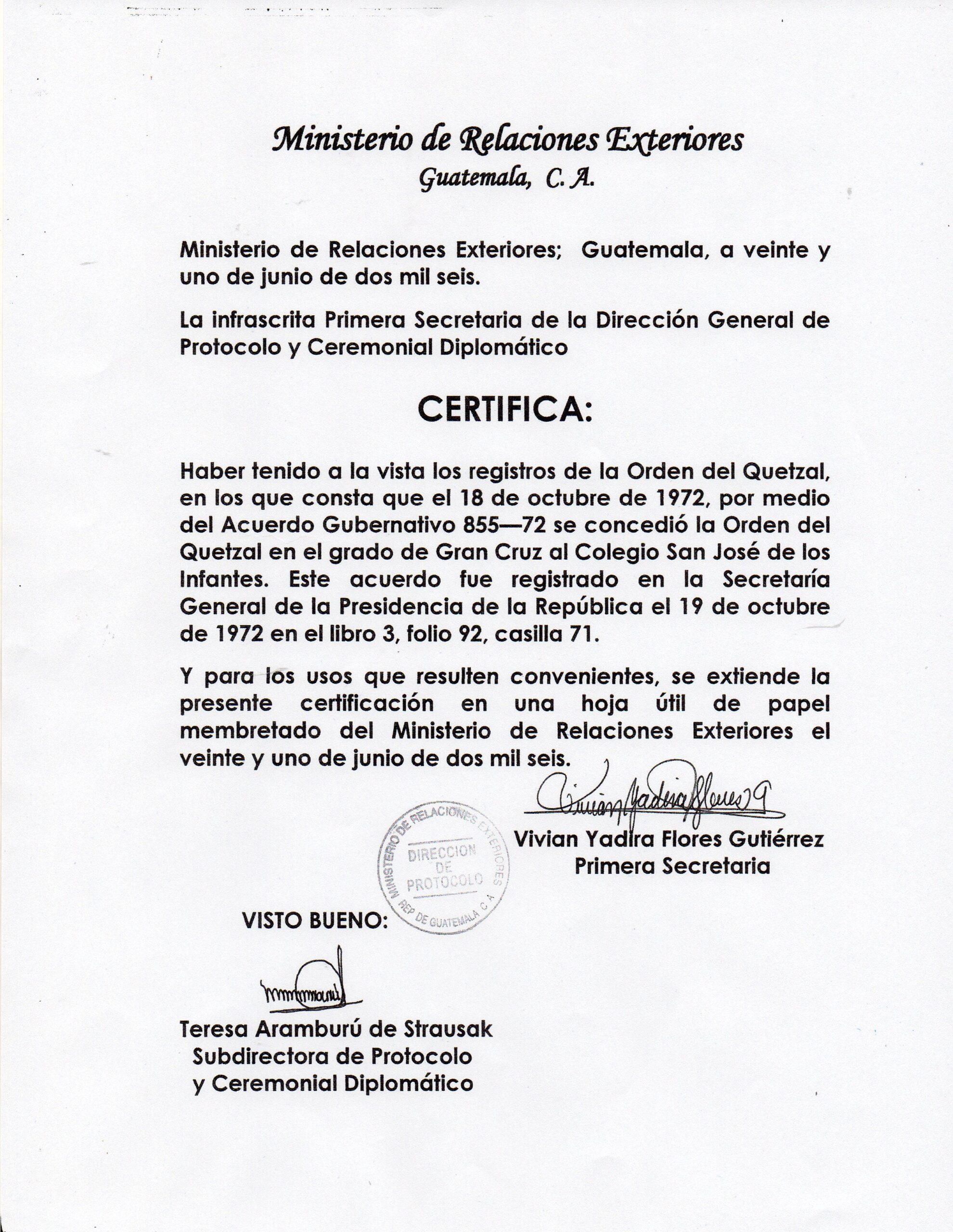 Certificado Orden del Quetzal